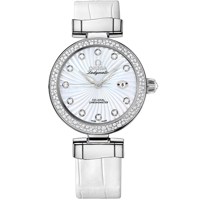 Omega De Ville Ladymatic Omega Co-Axial White Diamond Dial on Leather Strap Ref. 425.38.34.20.55.001 Card Open Date