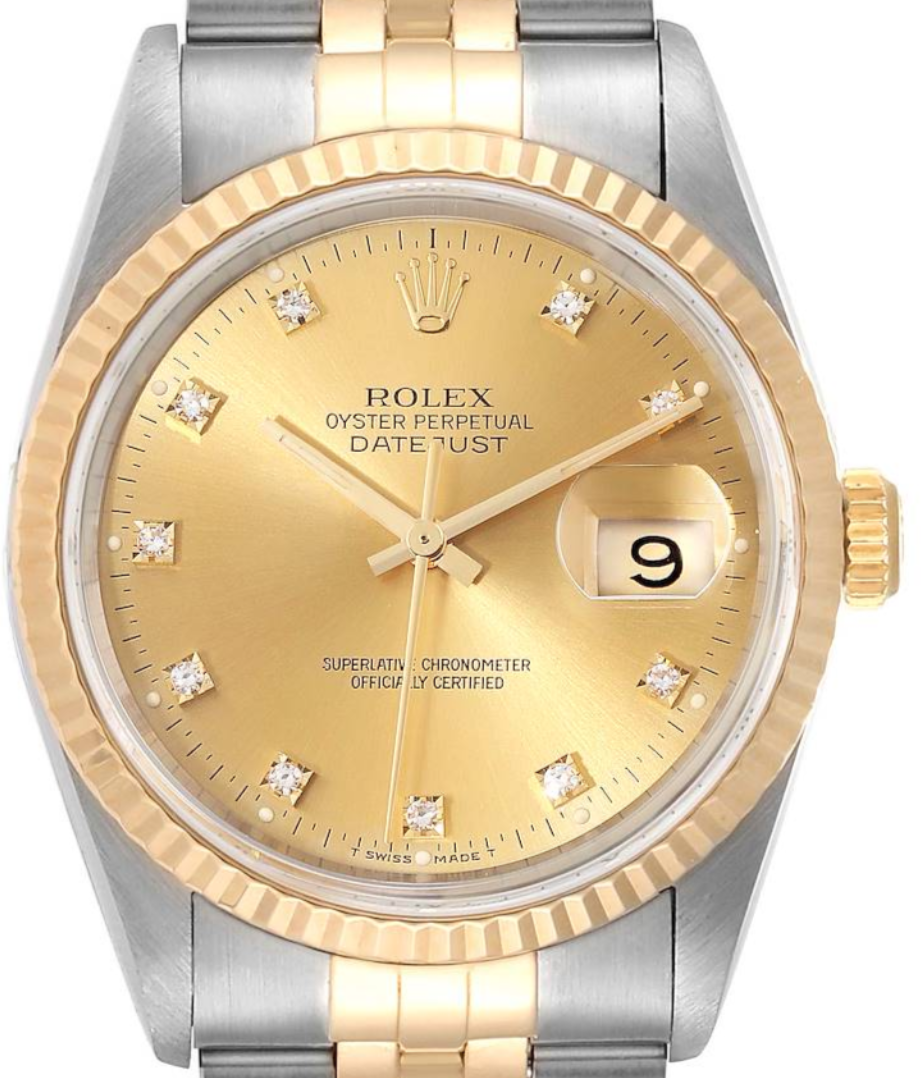 Rolex Datejust 36 Champagne Diamond Dial on Generic Black Leather Strap Ref. 16233G 1991