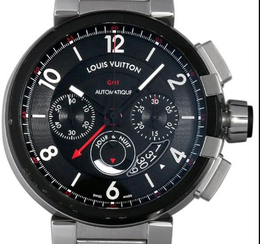 Louis Vuitton Tambour Chronograph GMT Black Dial on Stainless Steel Bracelet Ref. Q1052 Papers 2016