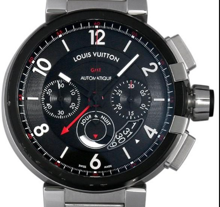 Louis Vuitton Tambour Chronograph GMT Black Dial on Stainless Steel Bracelet Ref. Q1052 Papers 2016