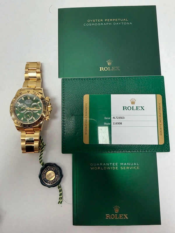 Rolex Daytona Green Stick Dial on Oyster Ref 116508 with New Style Card White 2018