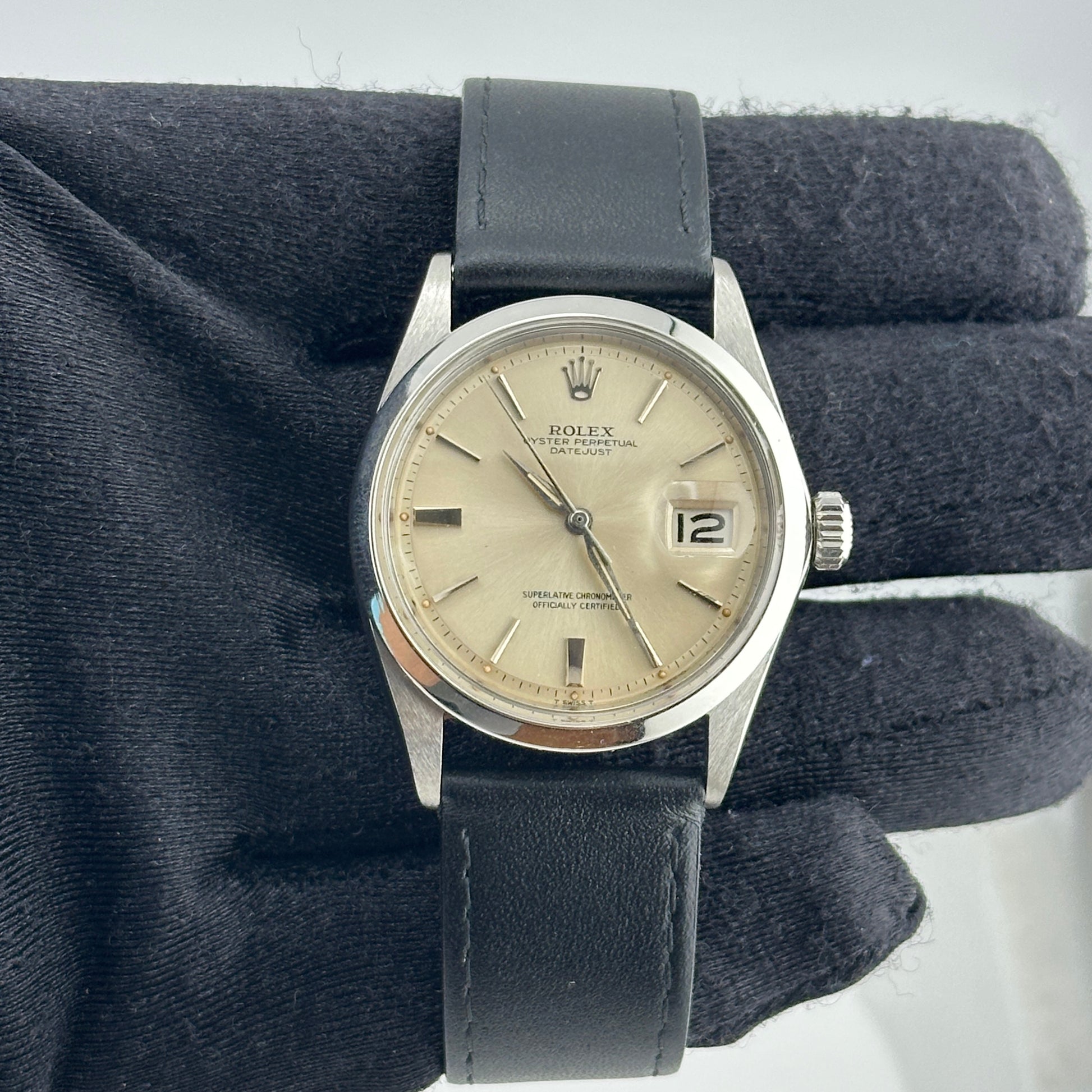 Rolex Datejust Silver Stick Dial on Generic Leather Band Ref. 1600 1965