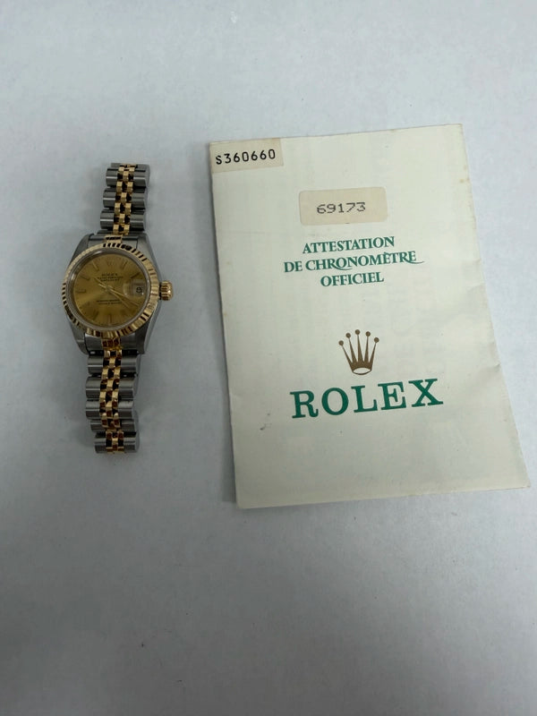 Rolex Datejust Lady Champagne Stick Dial on Jubilee Ref 69173 with Papers