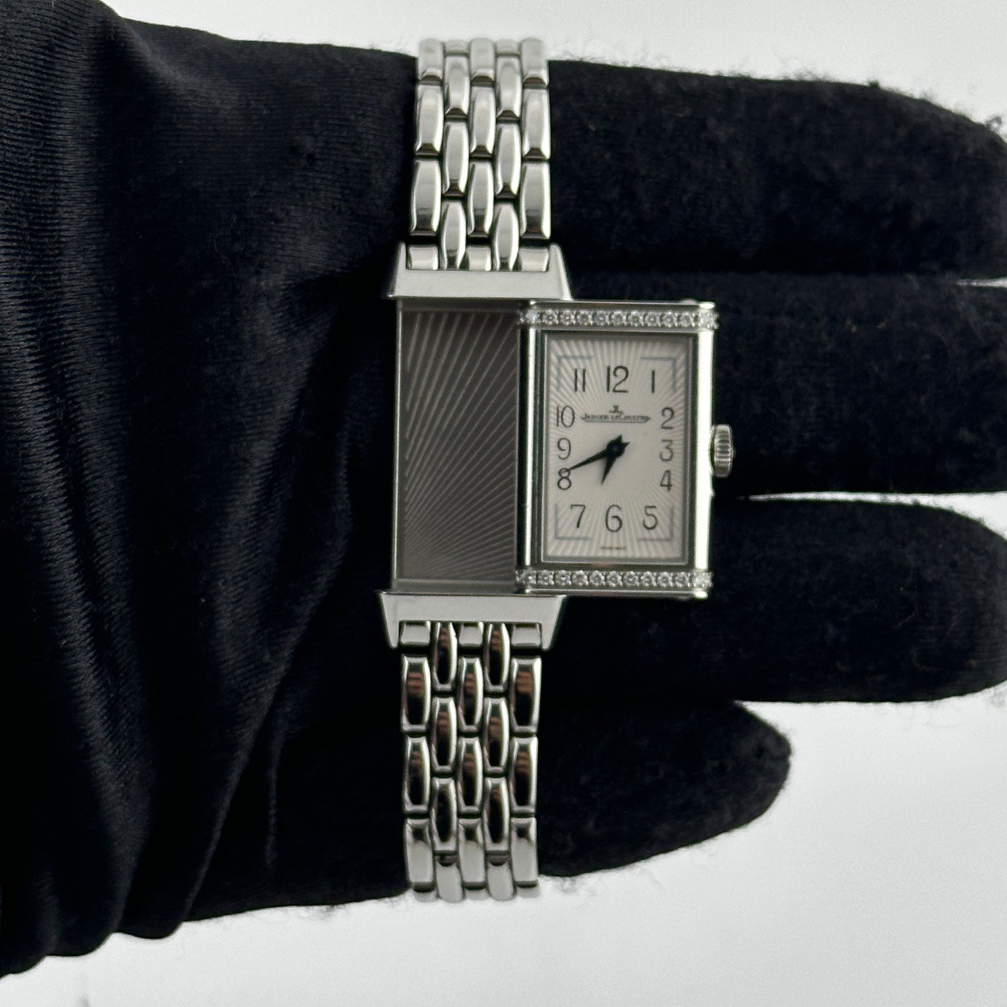 Jaeger Le Coultre Reverso B/M White Arabic Dial on 5 Row Links Ref. 201.8.47 Manuals Only Open Date — view 3