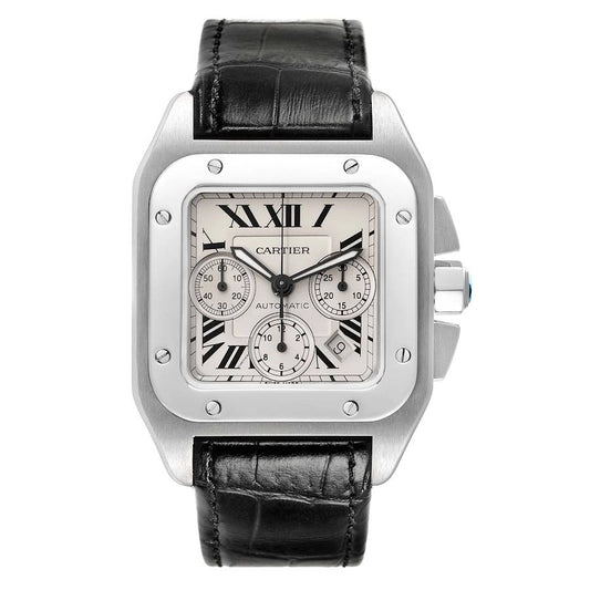 Cartier Santos 100 XL Silver Roman Chrono Dial on Leather Strap Ref 2740