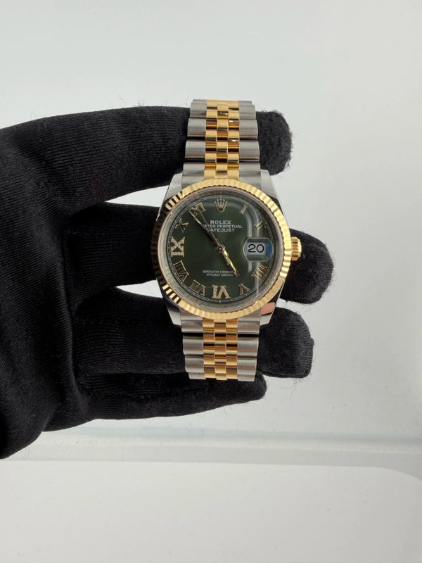 Rolex Datejust Olive Green Roman Dial on Jubilee Ref 126233 with New Style Card Green 2026