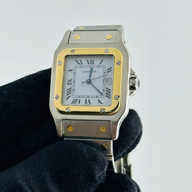 Cartier Santos Galbee White Roman Dial on 2 Tone Bracelet Ref 2961