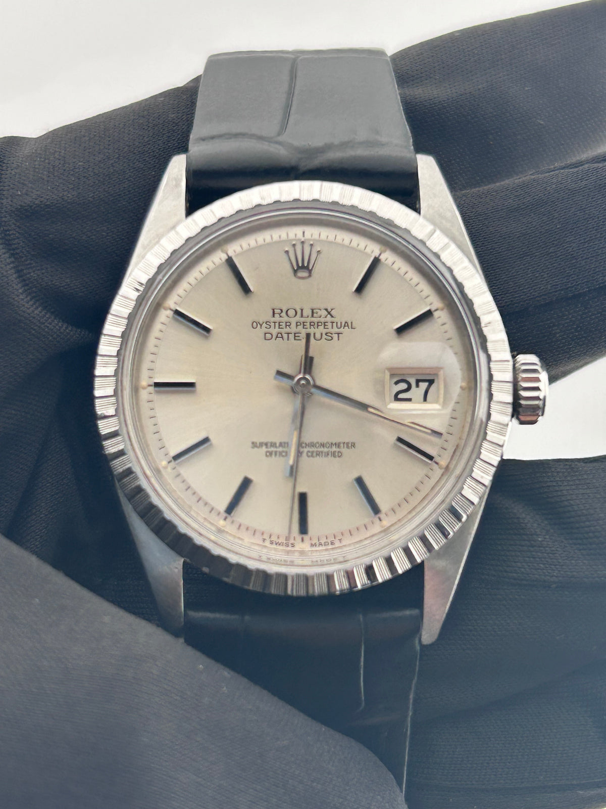Rolex Datejust 36 Silver Index Dial on Generic Black Leather Band Ref. 1601 — view 2