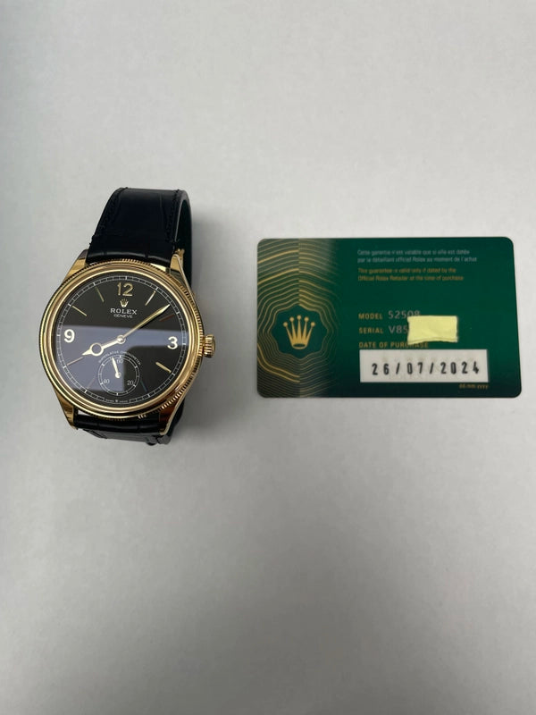 Rolex 1908 Black Dial on Leather Strap Ref 52508 with New Style Card Green 2024