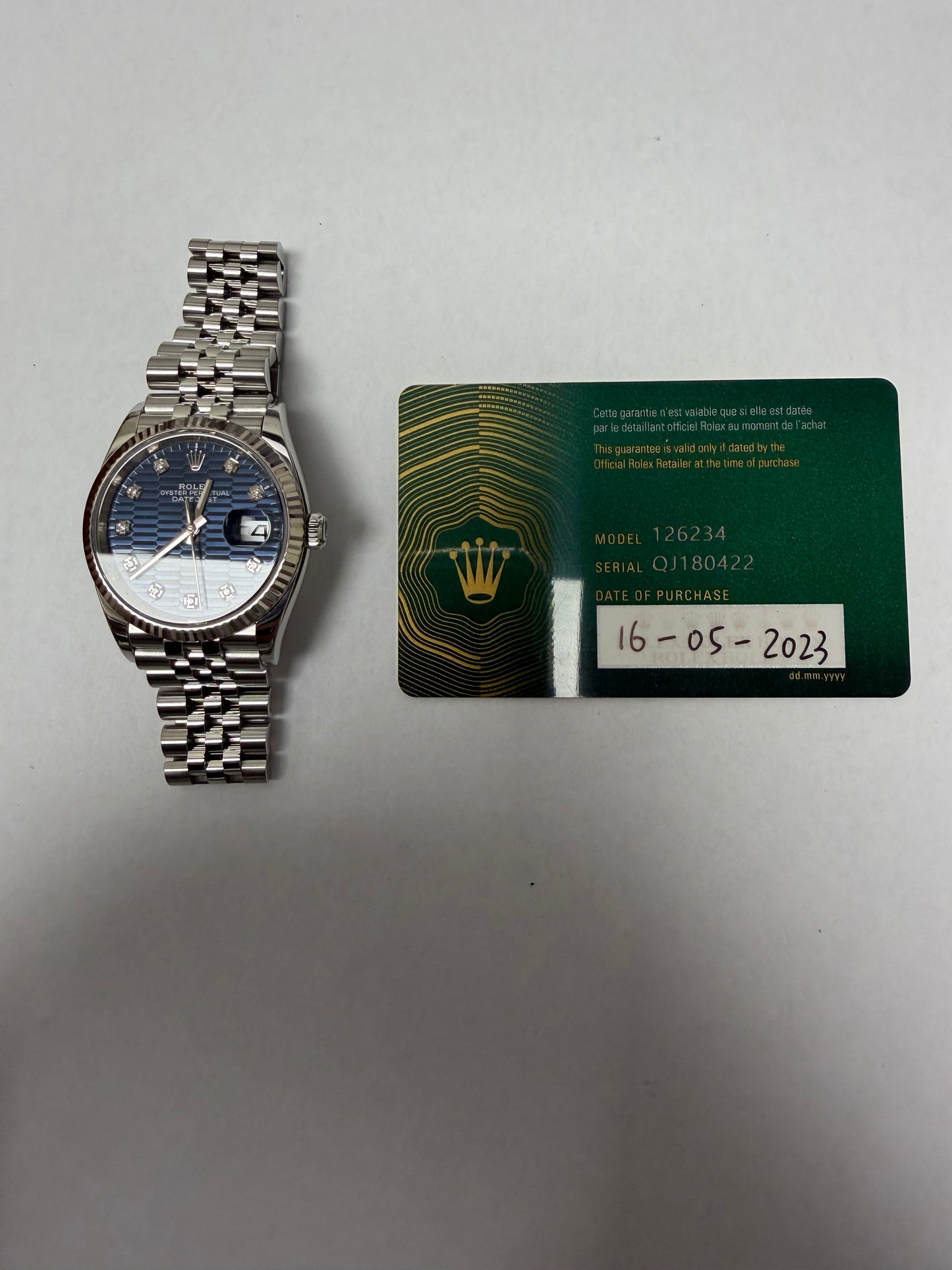 Rolex Datejust Bright Blue Fluted Motif Diamond Dial on Jubilee Ref. 126234 Card 2023 — view 5
