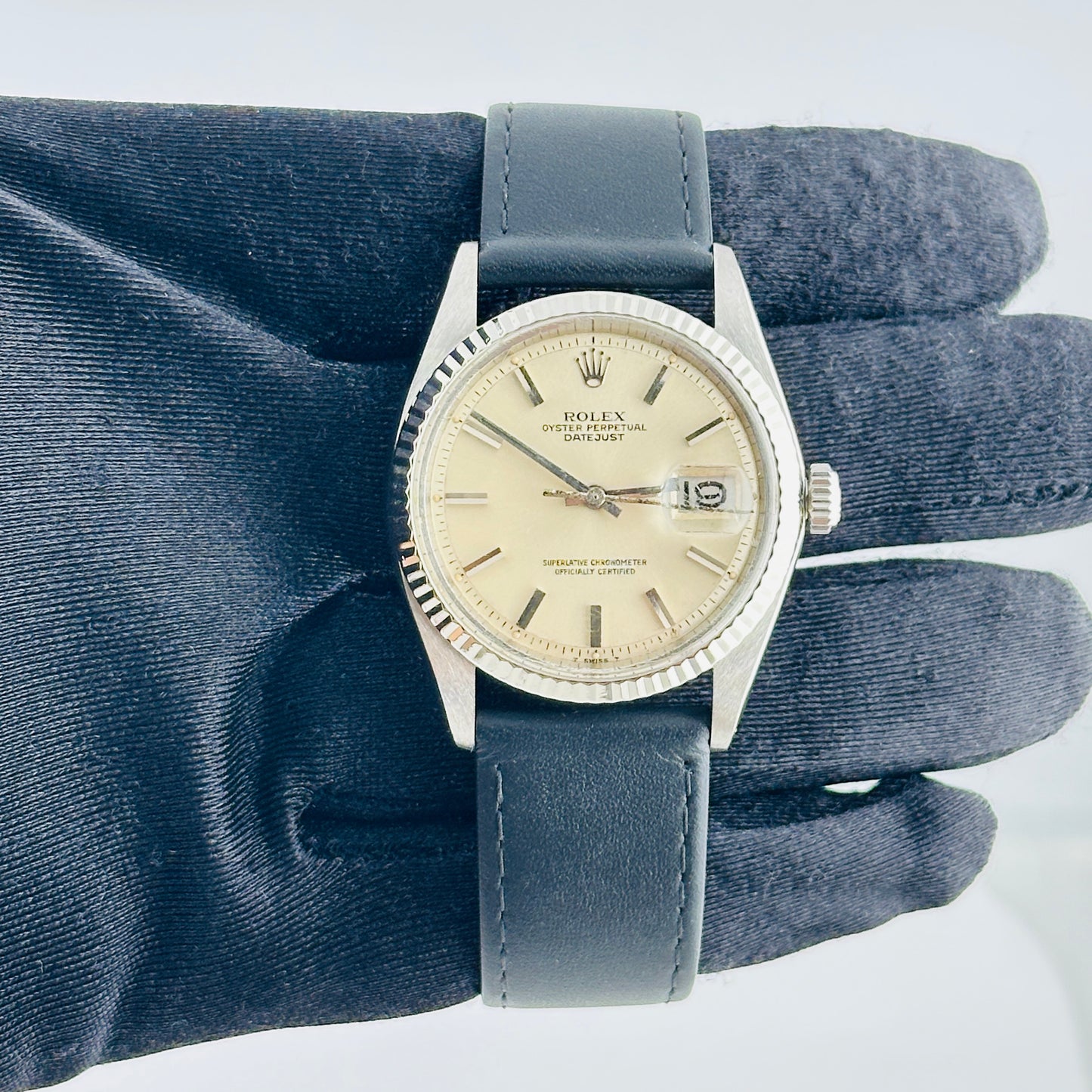 Rolex Datejust Silver Stick Dial on Generic Leather Band Ref. 1601 1976