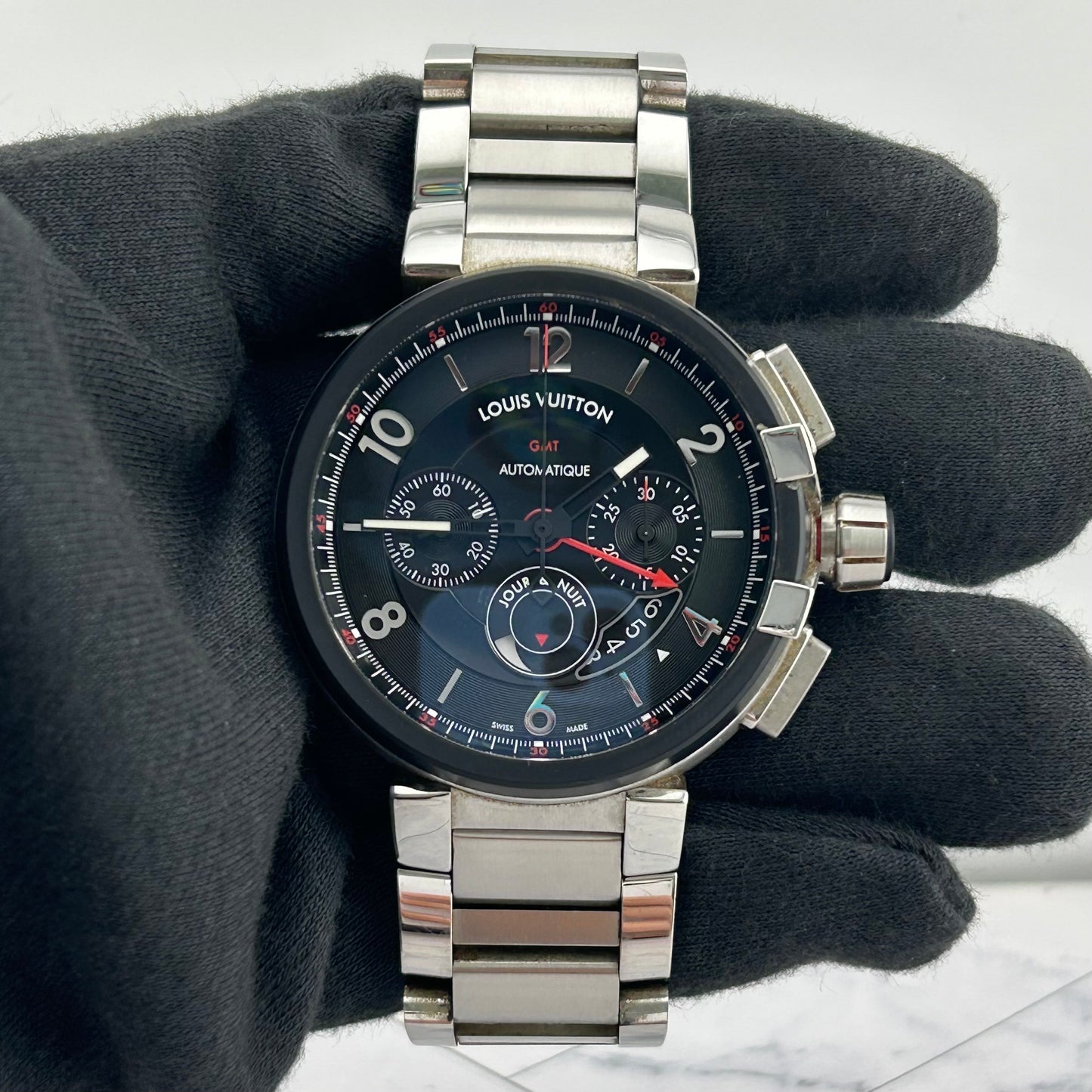 Louis Vuitton Tambour Chronograph GMT Black Dial on Stainless Steel Bracelet Ref. Q1052 Papers 2016 — view 2