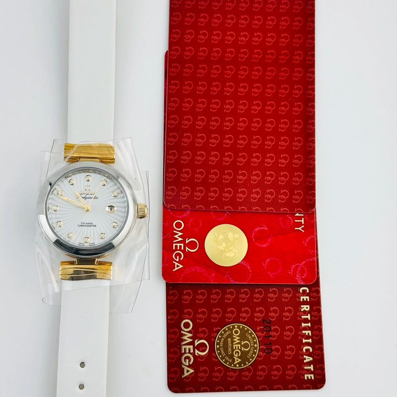 Omega De Ville Ladymatic Supernova Patterned White Mother Of Pearl Dial Set With Diamonds Dial on Leather Ref 425.22.34.20.55.002 with Card