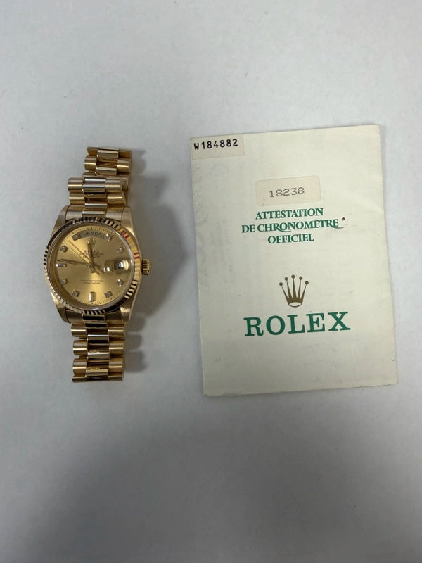 Rolex Day Date 36 Champagne Diamond Dial on President Ref 18238 with Papers 1993