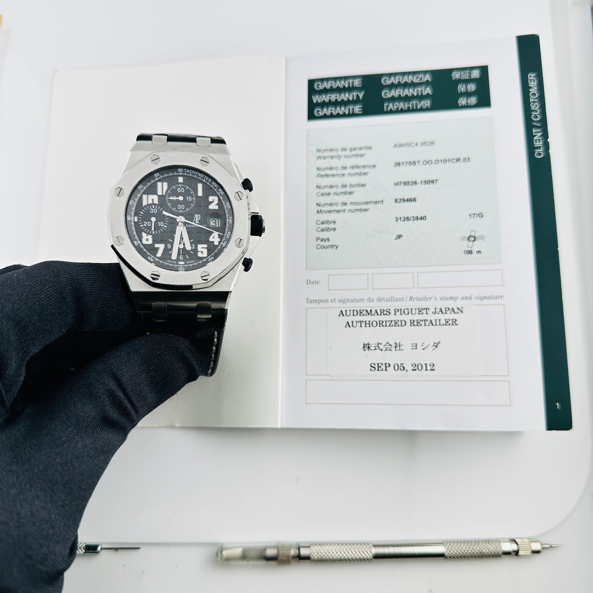 Audemars Piguet Royal Oak Offshore Black Arabic Chrono Dial on Black Leather Strap Ref. 26170ST Papers 2012 — view 7