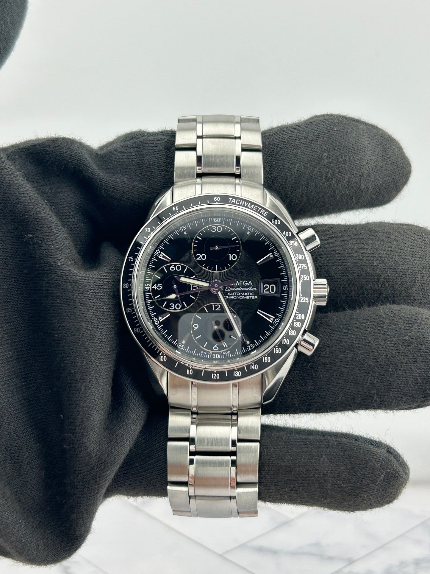 Omega Speed Master Black Dial on Stainless Steel Bracelet Ref. 3210.50 Card Open Date