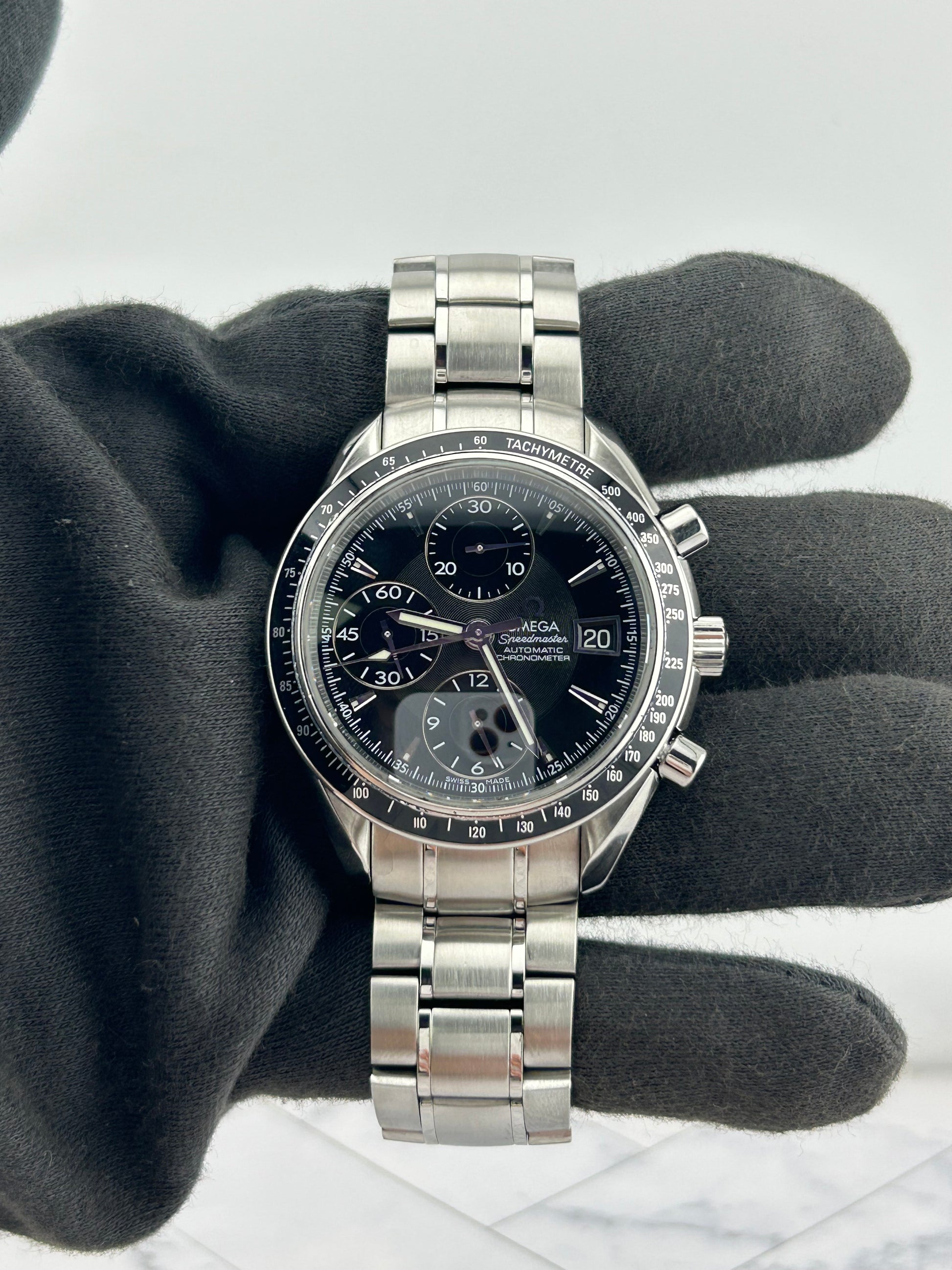 Omega Speed Master Black Dial on Stainless Steel Bracelet Ref. 3210.50 Card Open Date