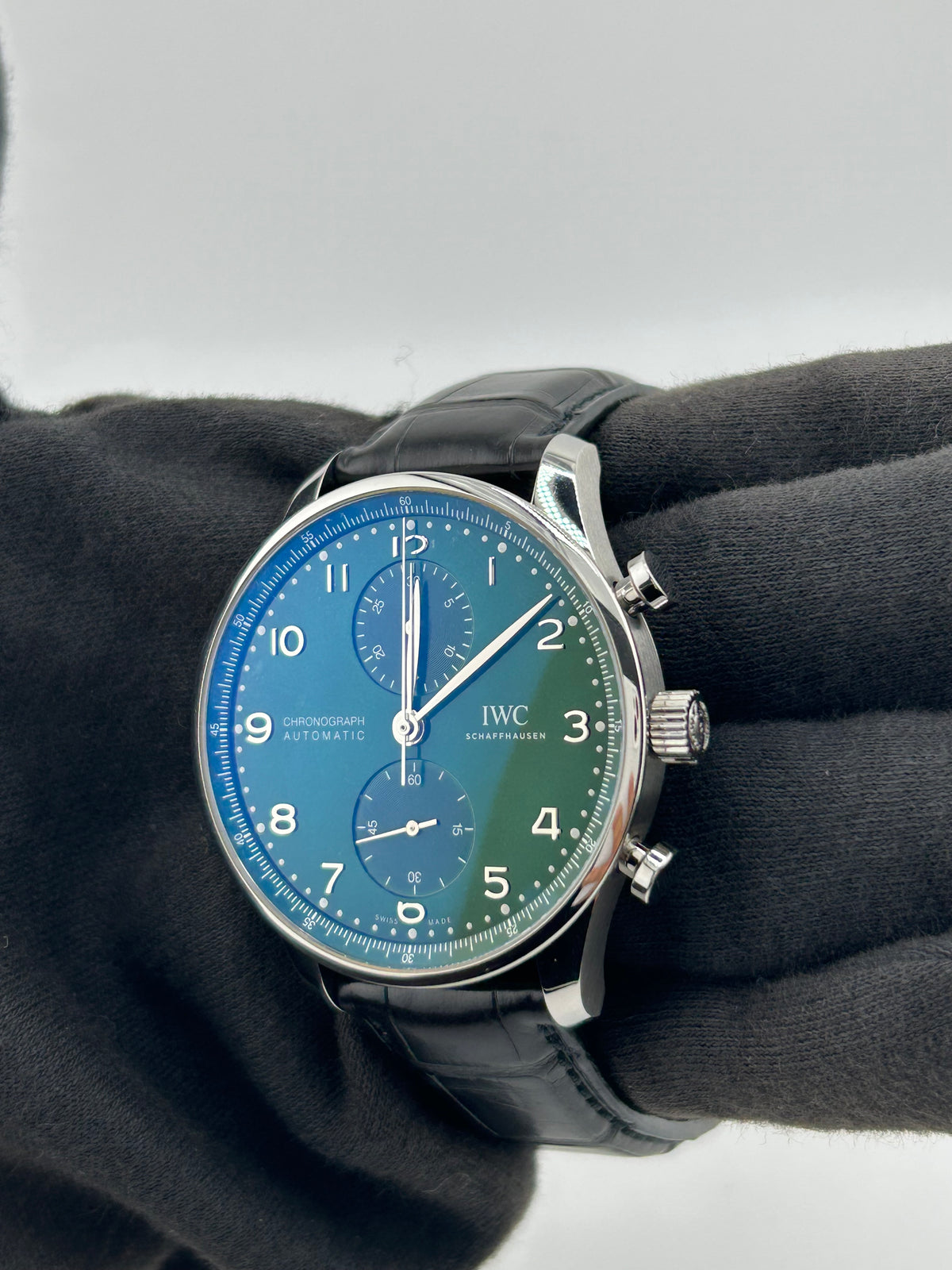 Iwc Portugieser Chronograph Green Dial on Leather Strap Ref. IW371615 Complete 2020 — view 3