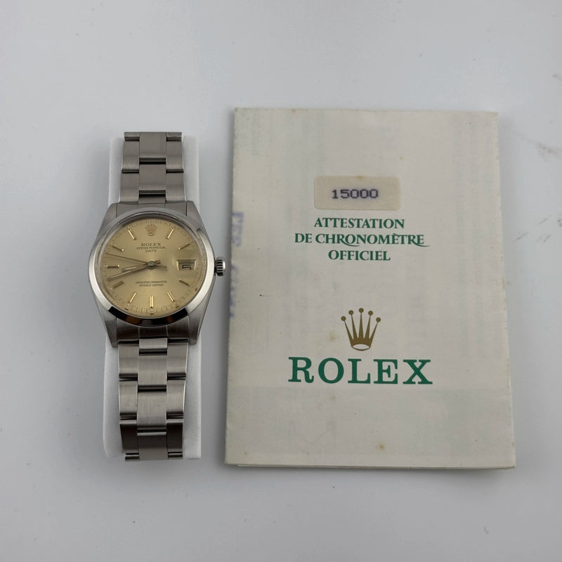 Rolex Oyster Perpetual Date Champagne Dial on Oyster Ref 15000 with Papers 1988