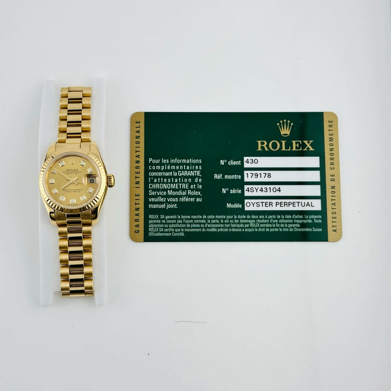 Rolex Datejust Lady President Champagne Diamond Dial on President Ref 179178 with Card Old Green 2011