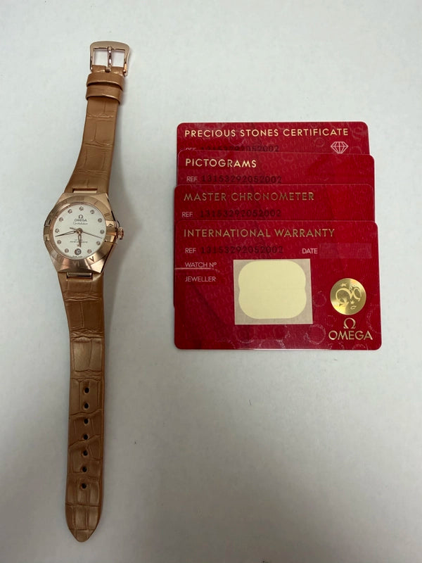 Omega Constellation Co-Axial White Diamond Dial on Leather Strap Ref 131.53.29.20.52.002 with Card
