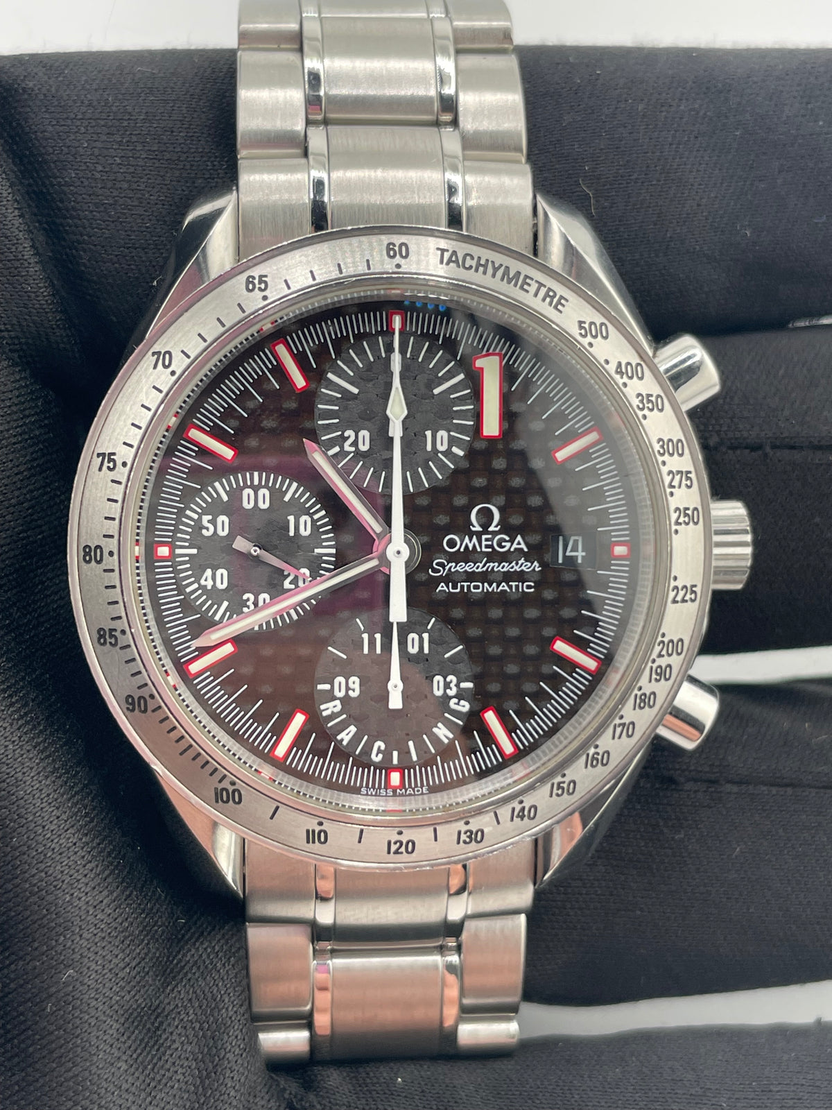 Omega Speedmaster Racing Black Dial on Stainless Steel Bracelet Ref. 3519.50 Complete Open Date — view 2