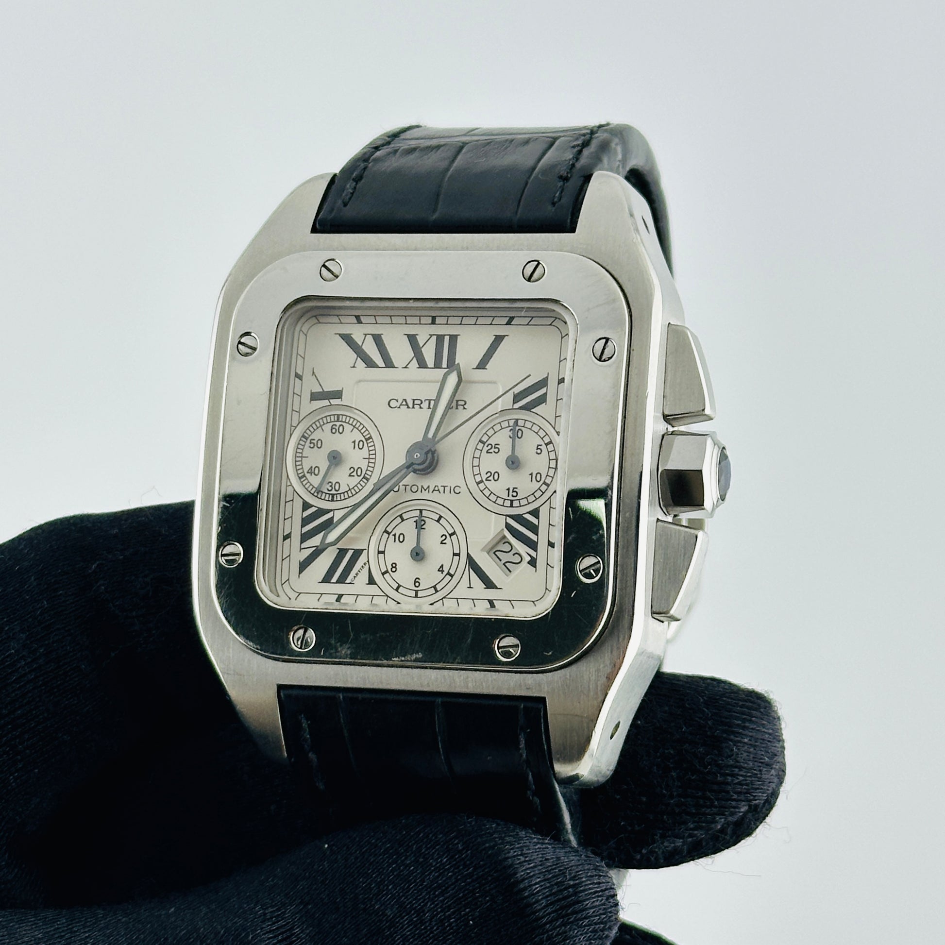 Cartier Santos 100 XL Silver Roman Chrono Dial on Leather Strap Ref. 2740 — view 3