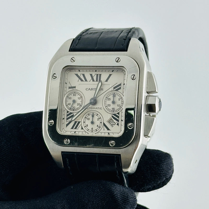 Cartier Santos 100 XL Silver Roman Chrono Dial on Leather Strap Ref 2740