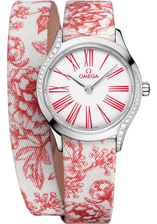 Omega De Ville Mini Tr√©sor Quartz White / Pink Roman Markers Dial on Fabric Strap Ref 428.17.26.60.04.003 with Card