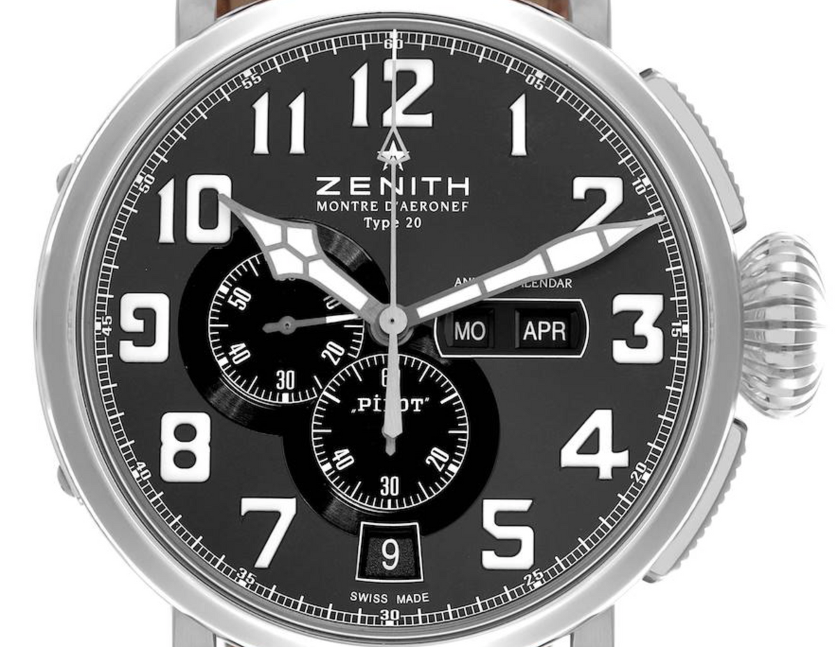 Zenith Pilot Type 20 Montre d'Aeronef Black Dial on Leather Band Ref. 03.2430.4054 Complete Open Date