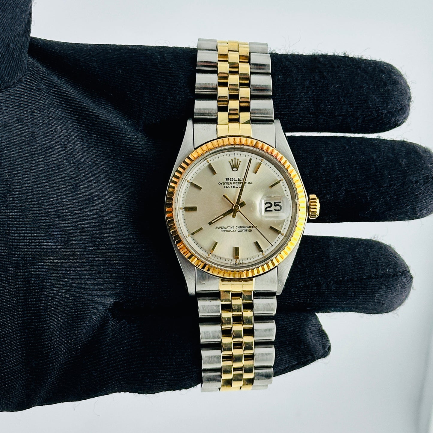 Rolex Datejust Silver / Gold Stick Dial on D Link Jubilee Bracelet Ref. 1601/3 Service Papers 1969
