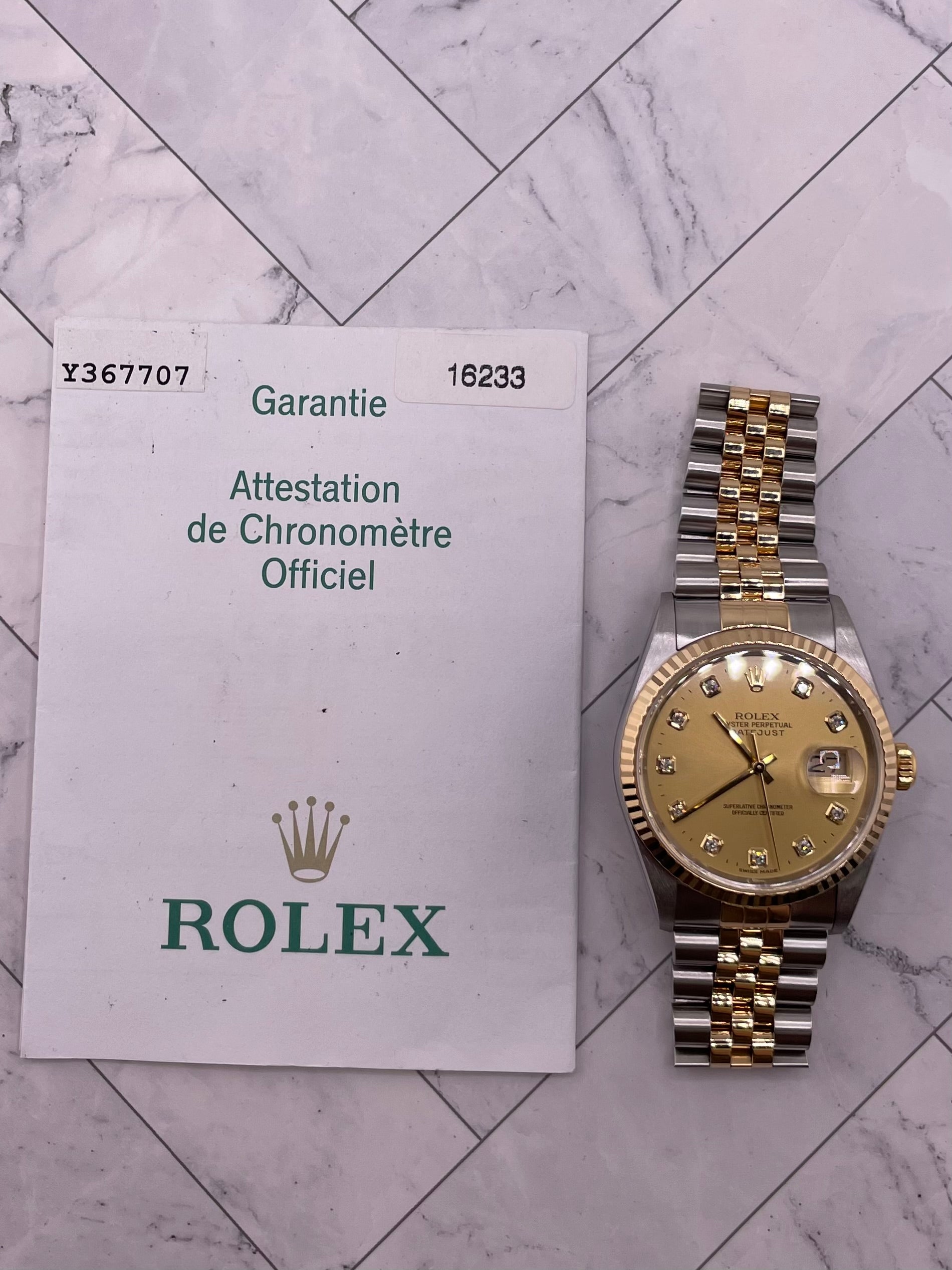 Rolex Datejust Champagne Diamond Factory Dial on Jubilee Ref. 16233 Papers 2003 — view 7