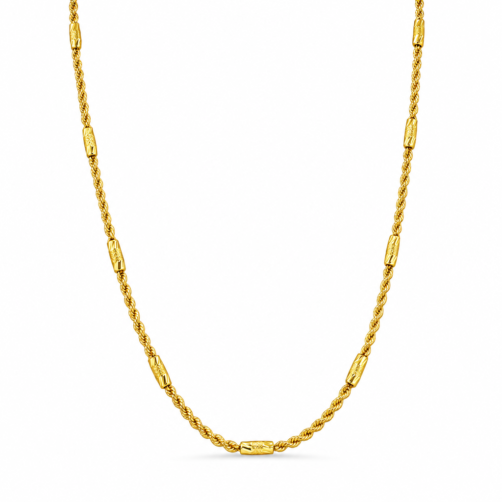 24K Yellow Gold Rope & Barrels Chain Necklace