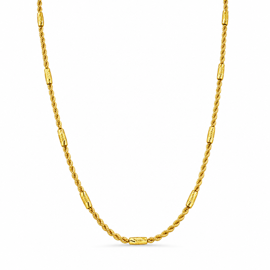 24K Yellow Gold Rope & Barrels Chain Necklace