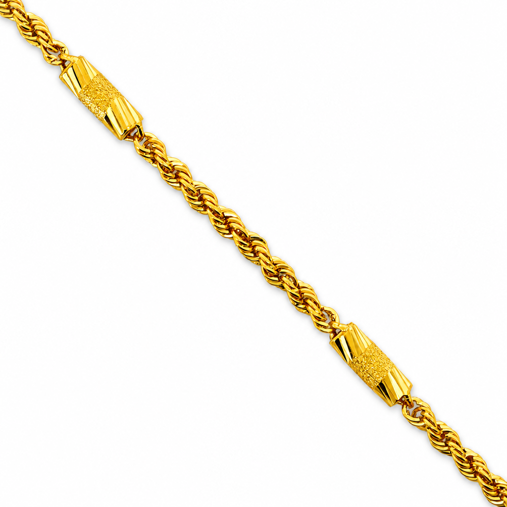 24K Yellow Gold Rope & Barrels Chain Necklace