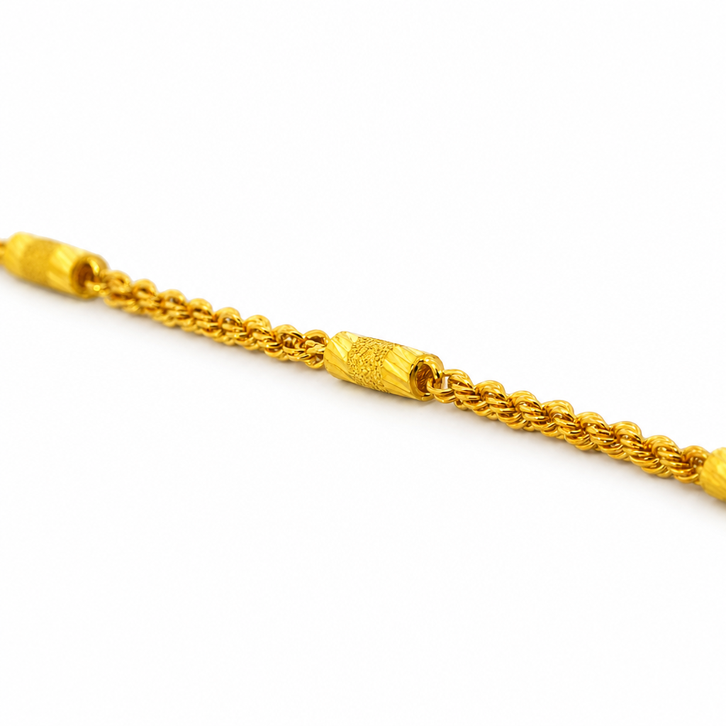 24K Yellow Gold Rope & Barrels Chain Necklace