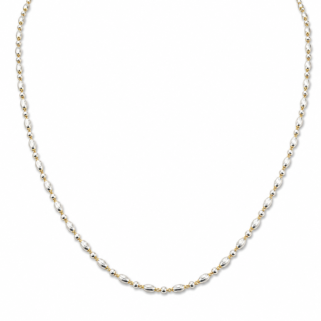 18K Two-Tone Gold Solid Alternating Oval and Round Bead Chain - 20 Inches