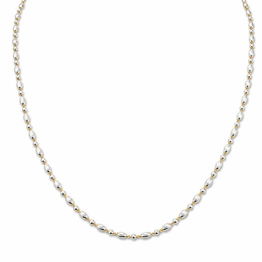 18K Two-Tone Gold Solid Alternating Oval and Round Bead Chain - 20 Inches