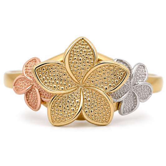 10K Tri-Tone Triple Hibiscus Flower Ring