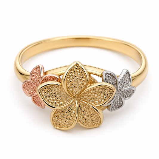 10K Tri-Tone Triple Hibiscus Flower Ring