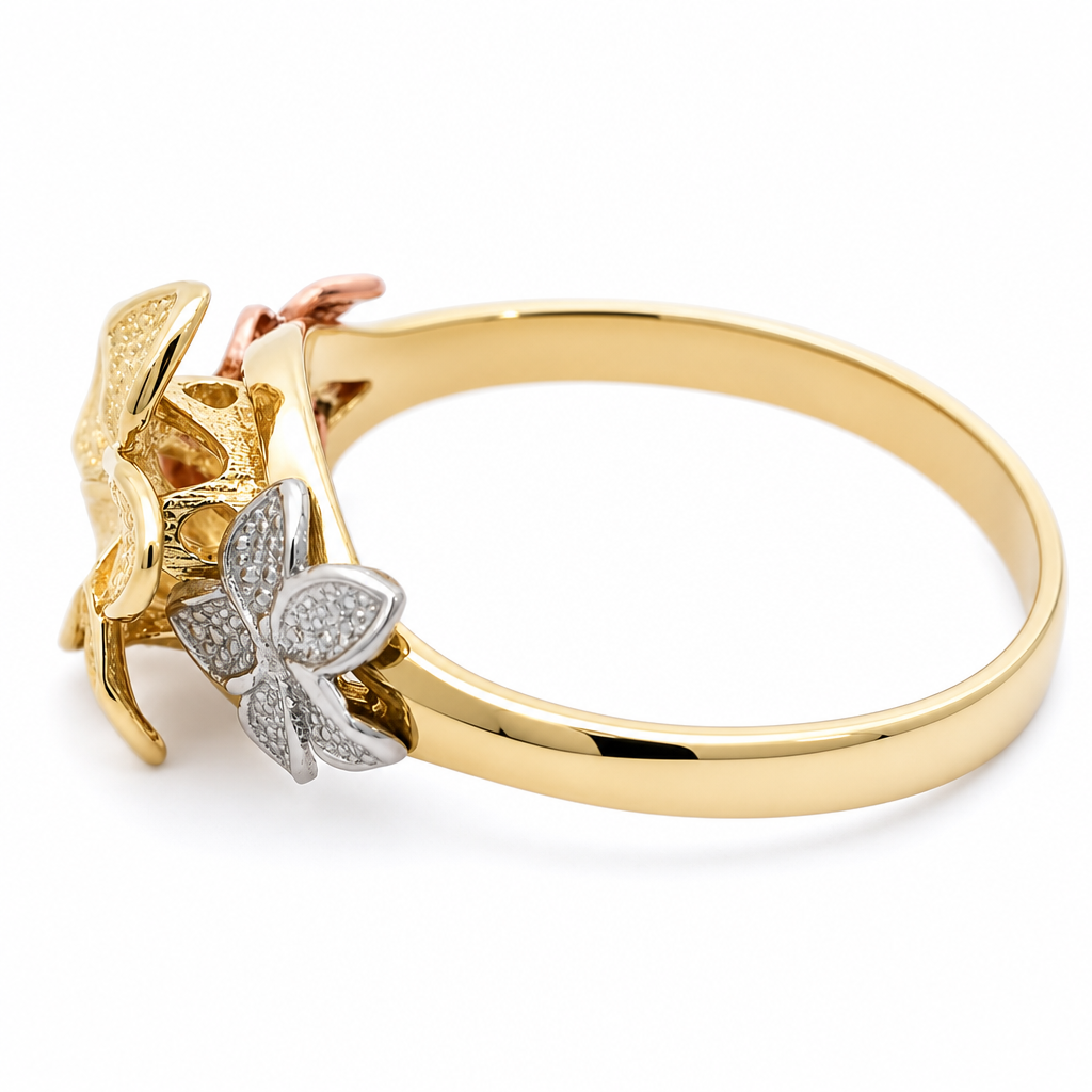 10K Tri-Tone Triple Hibiscus Flower Ring