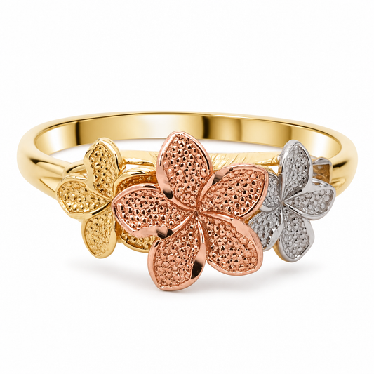 10K Tri-Tone Triple Hibiscus Ring with Rose Center Flower