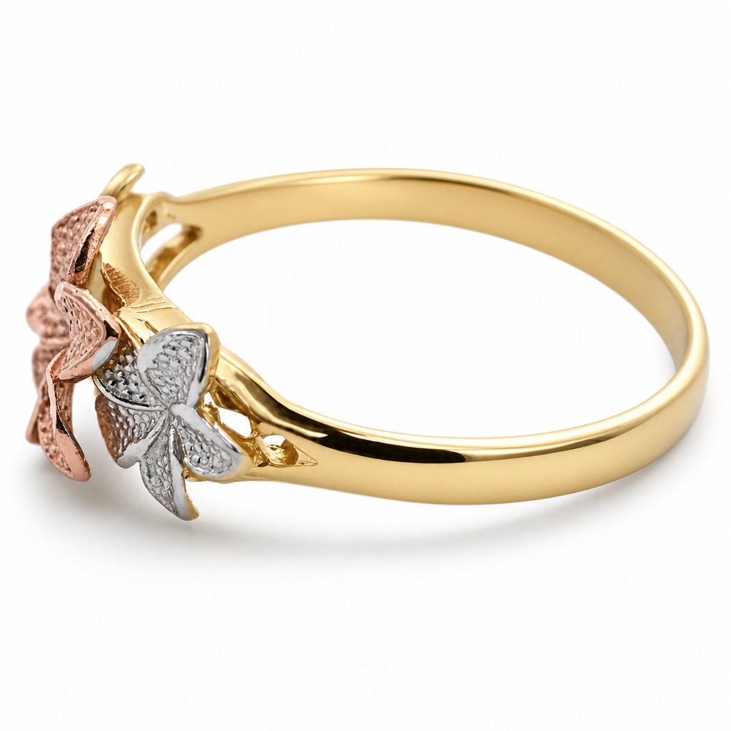 10K Tri-Tone Triple Hibiscus Ring with Rose Center Flower