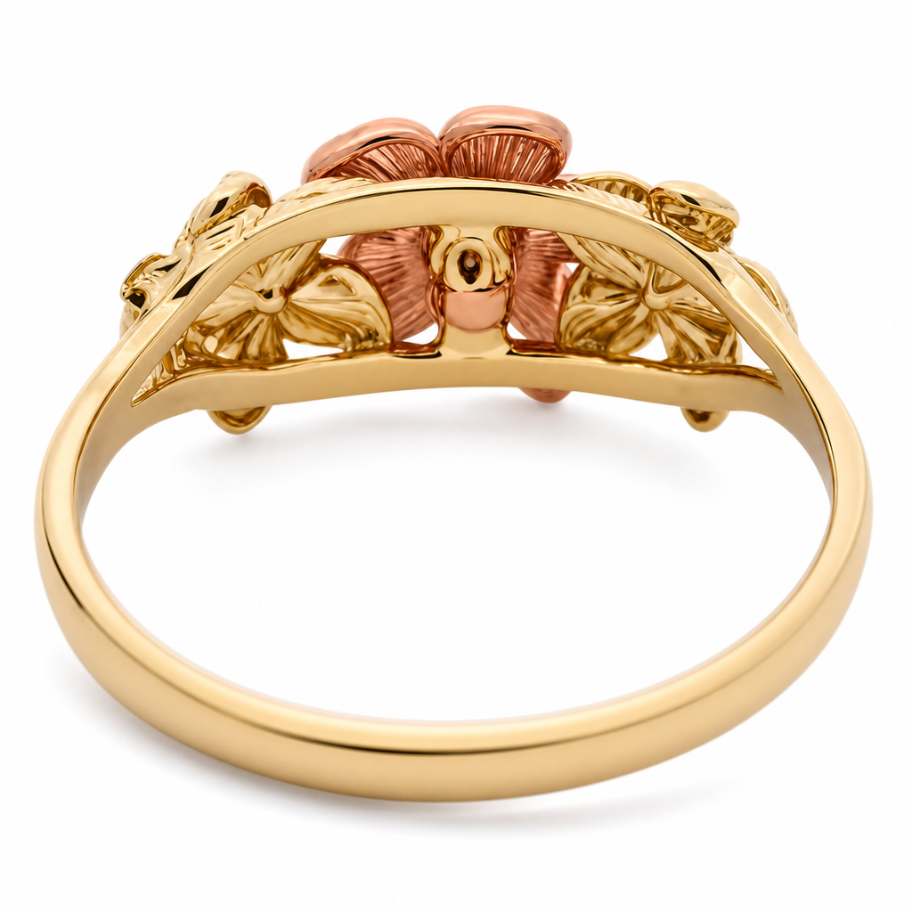 10K Tri-Tone Triple Hibiscus Ring with Rose Center Flower