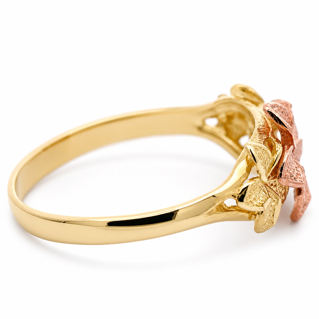 10K Tri-Tone Triple Hibiscus Ring with Rose Center Flower