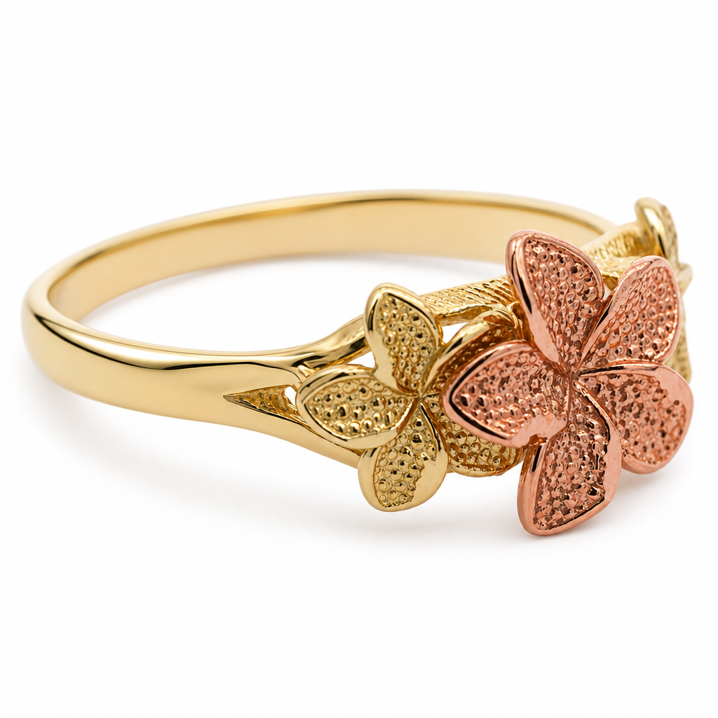 10K Tri-Tone Triple Hibiscus Ring with Rose Center Flower