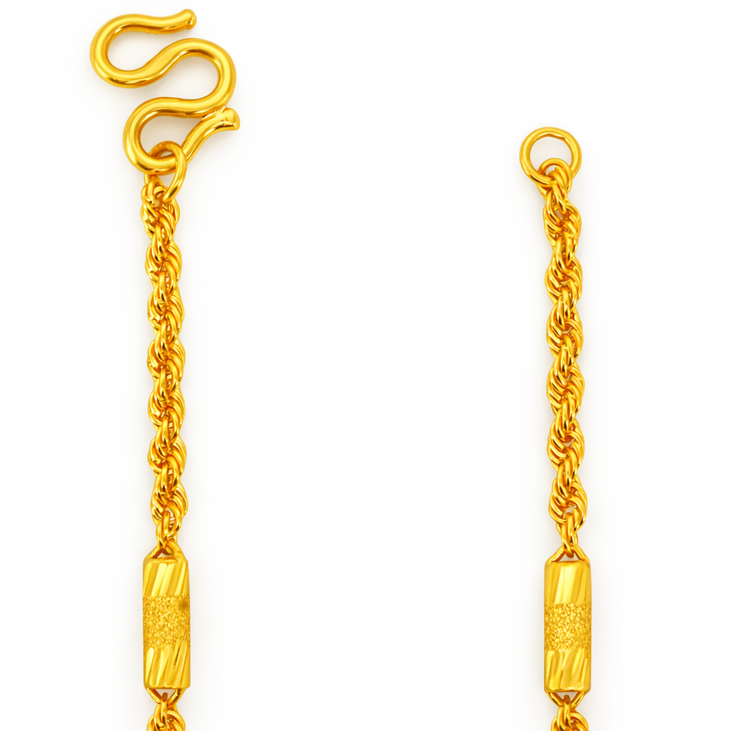 24K Yellow Gold Rope & Barrels Chain Necklace - 24 Inch