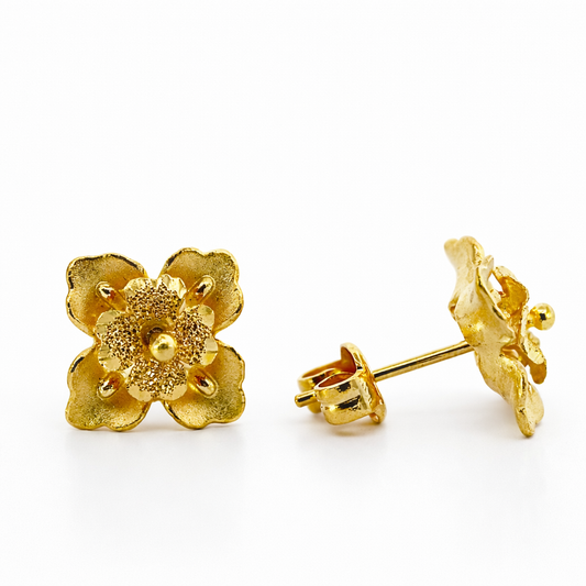 24K Yellow Gold Double Layer Hibiscus (Matte & Sand Blast) Earrings
