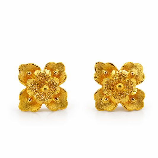 24K Yellow Gold Double Layer Hibiscus (Matte & Sand Blast) Earrings