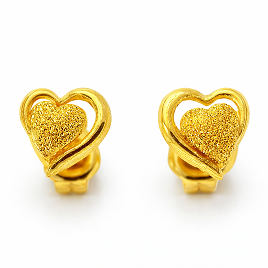24K Yellow Gold Sandblast Heart Earrings